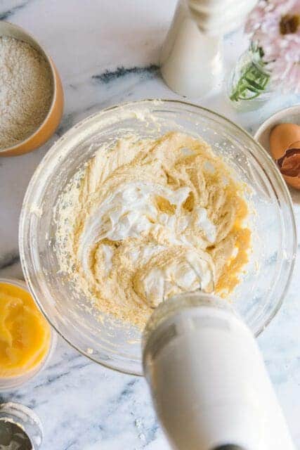 lemon cake batter being mixed