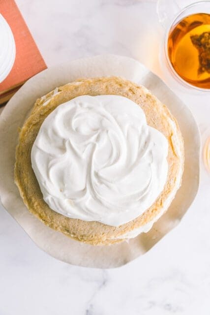 overhead view of swirled soft whipped honey chamomile cream