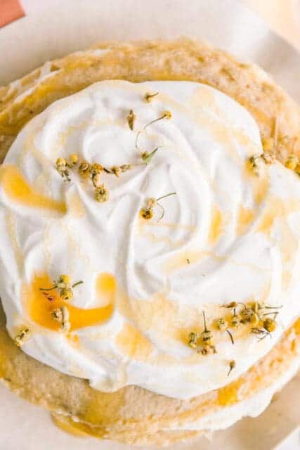 top of crêpe cake with chamomile honey swirled whipped cream