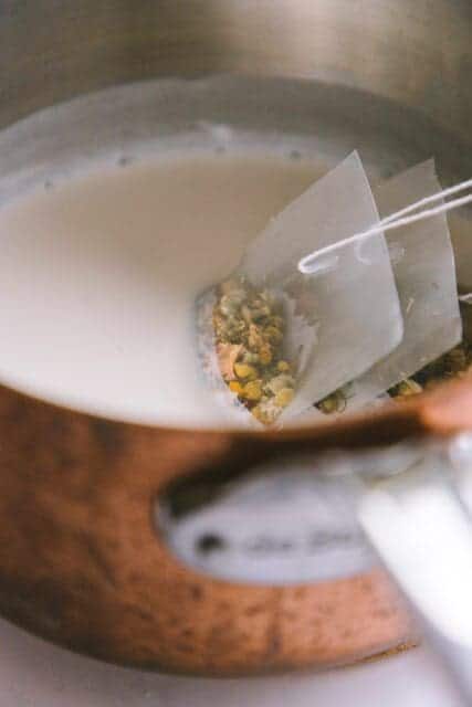 steeping chamomile tea in cream for honey chamomile whipped cream