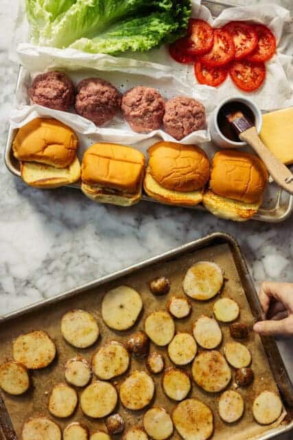buns, marinade, ground beef and roasted potatoes for recipe