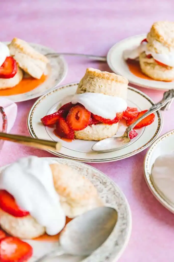 finished strawberry shortcake recipe on vintage plates