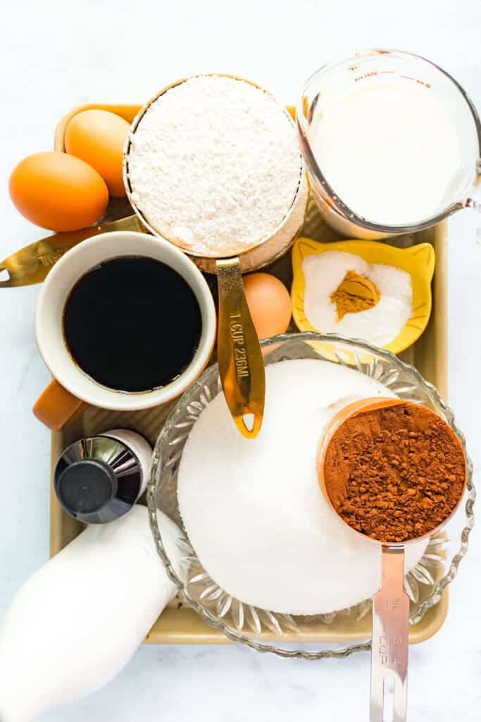 Ingredients used to create the counter cake called chocolate bundt cake