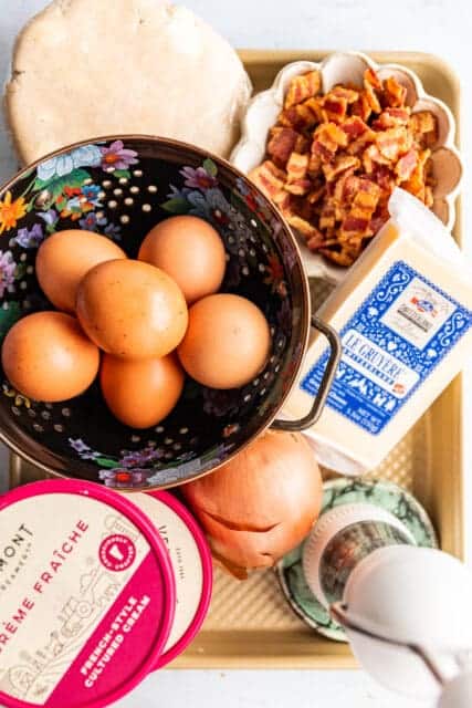 ingredients for classic quiche Lorraine with crème fraiche