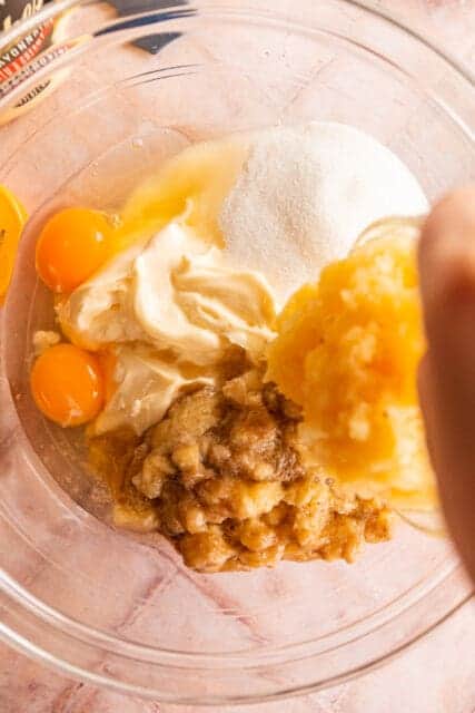 mixing wet hummingbird cake ingredients together