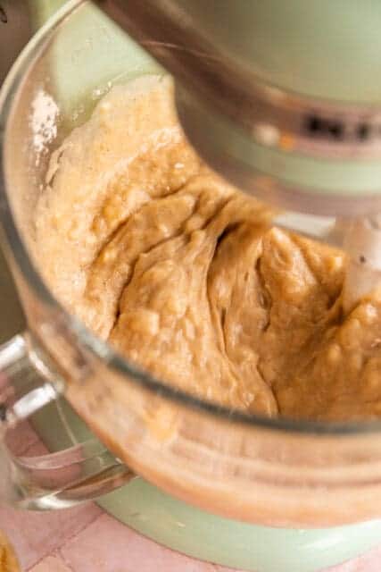 hummingbird cake batter mixed in a stand mixer