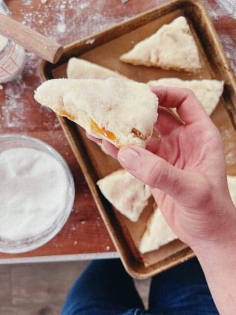 close up of the apricot peeking through the scone dough