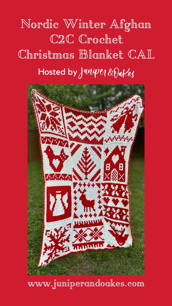 Beautiful red and white Nordic winter crochet blanket with holiday motifs.