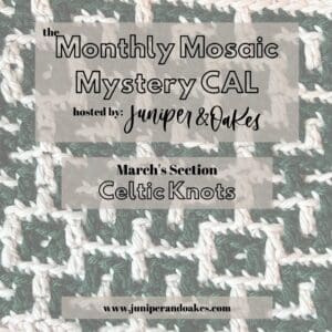 Crochet mosaic pattern featuring Celtic knots for a mystery CAL by Juniper & Oakes.