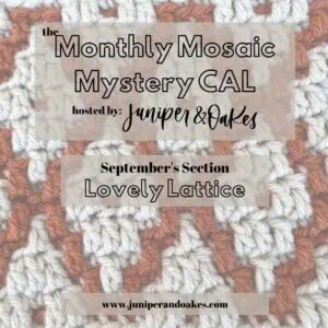 Crochet mosaic blanket with beige and rust yarns by Juniper & Oakes.