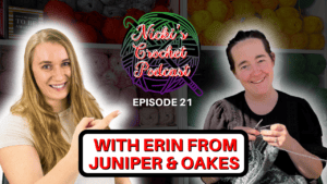 Two women smiling, hosting the Juniper and Oakes crochet podcast episode 21.