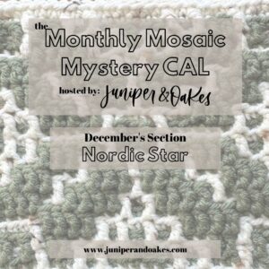 Close-up of a textured, multicolored crochet mosaic blanket in shades of green, white, and gray.