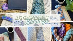 Crochet bookmarks featuring vibrant yarns and knitting supplies for book lovers.