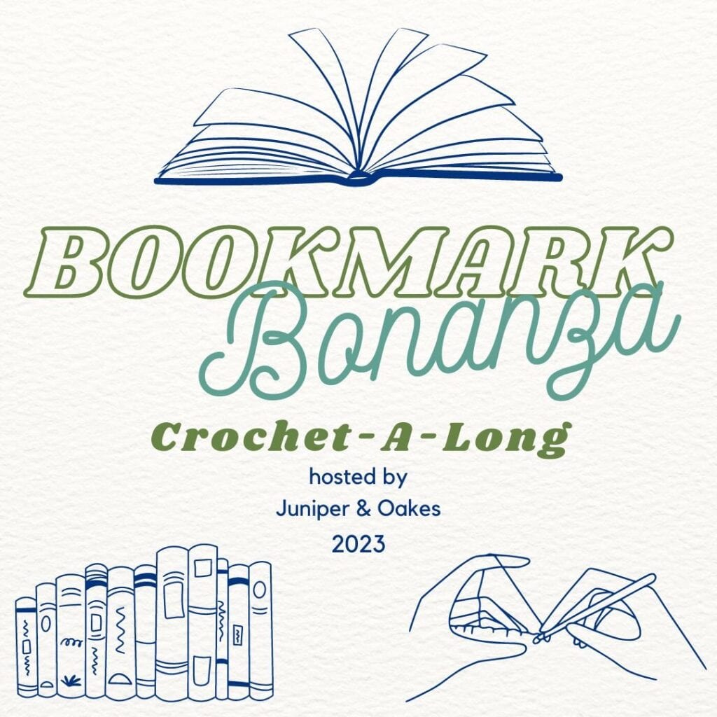 Logo for Bookmark Bonanza Crochet Along hosted by Juniper & Oakes, featuring an open book and croche.