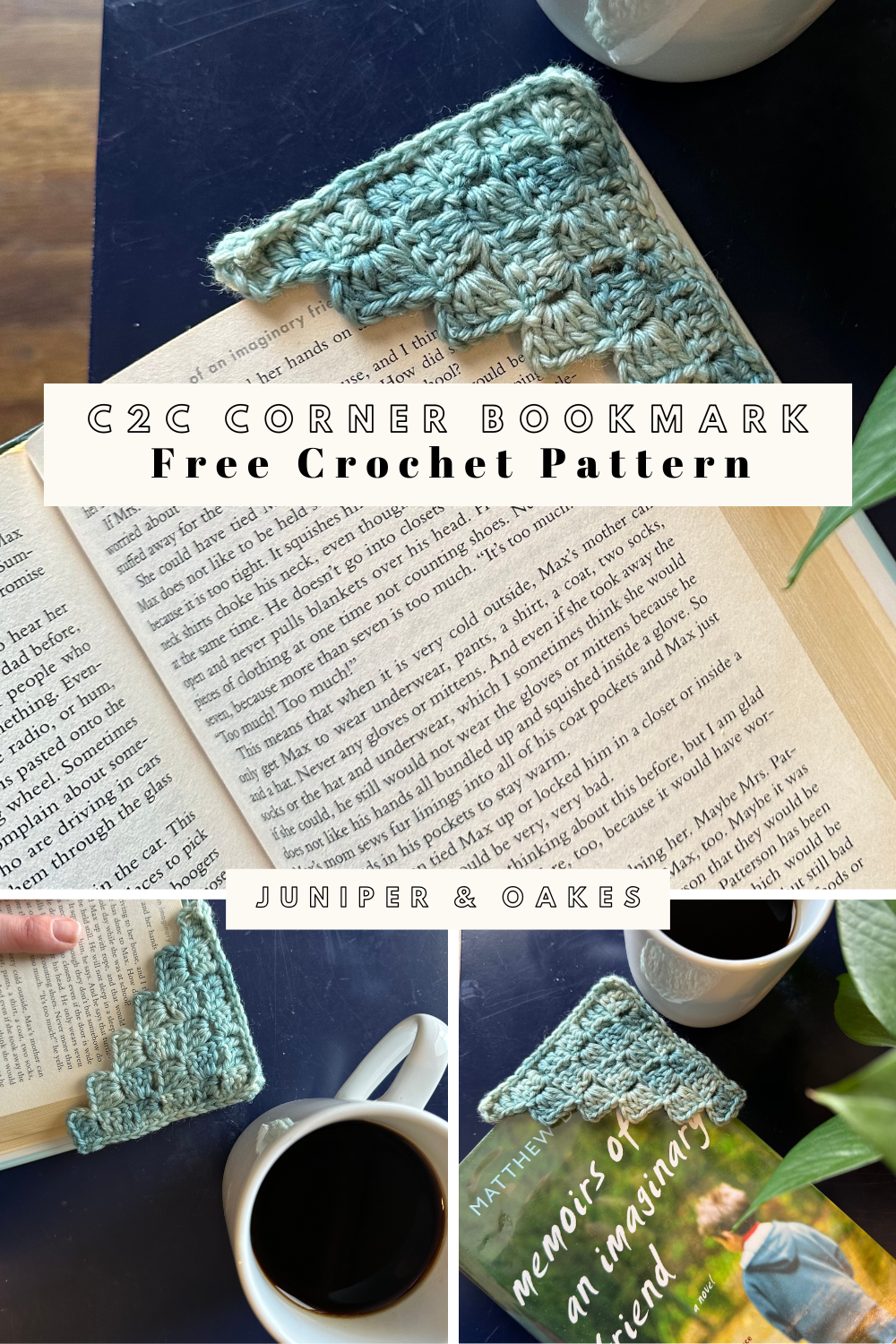 book with a crochet corner bookmark. Free crochet pattern by Juniper and Oaks