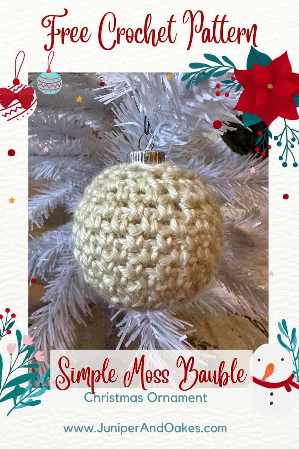 Handmade crochet moss bauble for Christmas tree decoration. Perfect for holiday decor and festive or.
