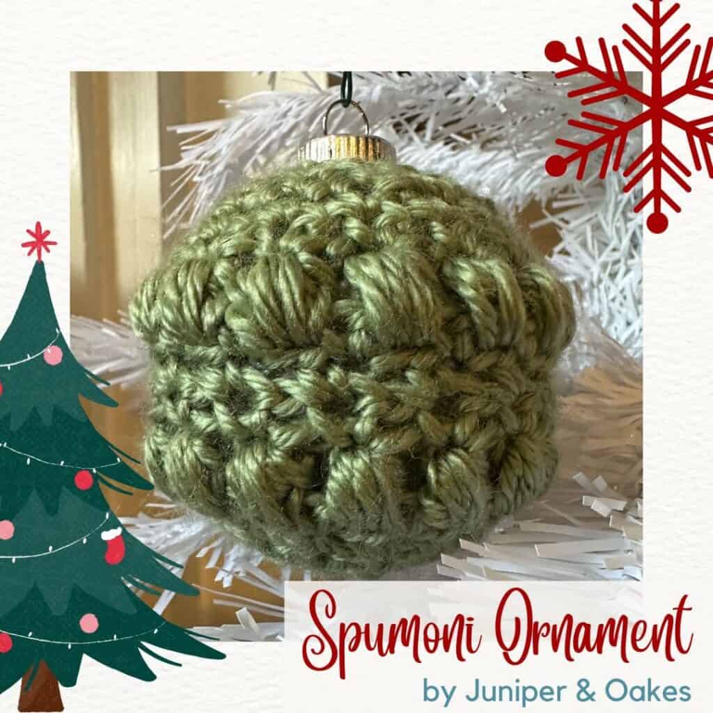 Handmade green crochet spumoni ornament for Christmas decor.