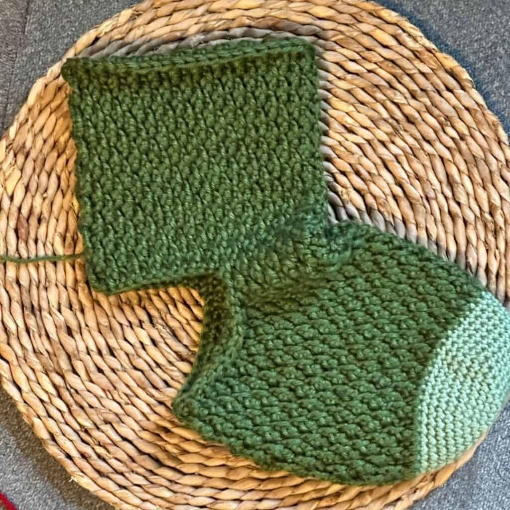 Alpine stocking crochet pattern in green, perfect for winter decor and holiday gifts.