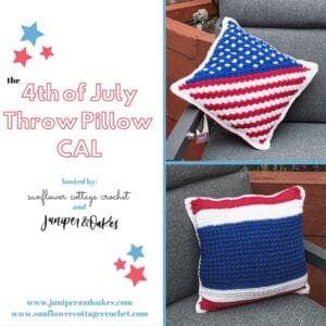 American Flag crochet pillow with red, white, and blue stripes and stars.