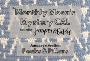 Close-up of a woven textile with text about the Monthly Mosaic Mystery CAL.