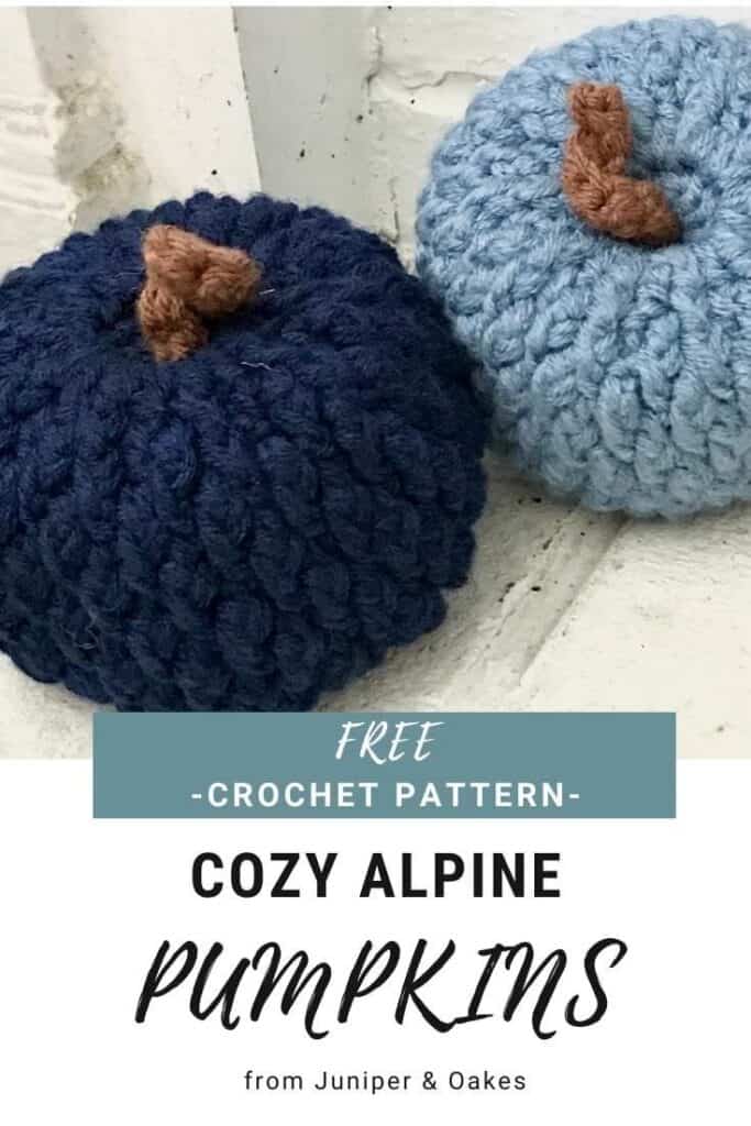 Hand-crocheted cozy alpine pumpkin in blue and brown yarns.