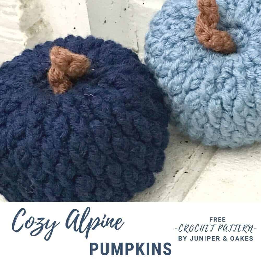 Style knitted pumpkins in navy and light blue with brown stems.