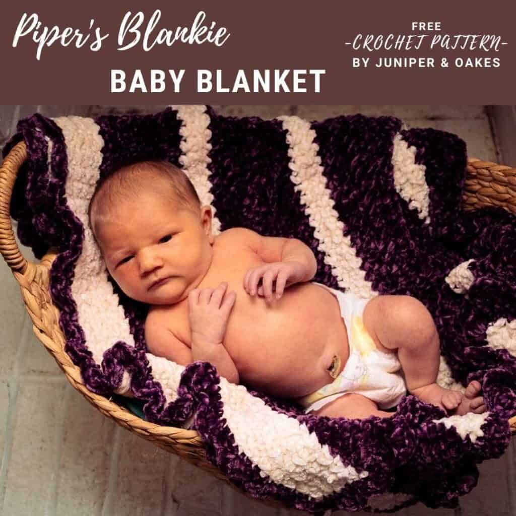 Baby blanket in purple and white crochet pattern, perfect for newborns.