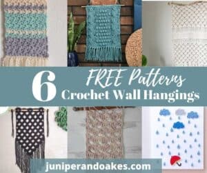 Colorful crochet wall hanging with tassels and textured patterns.