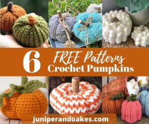 Assorted handmade crochet pumpkins in various colors and styles for fall decor.