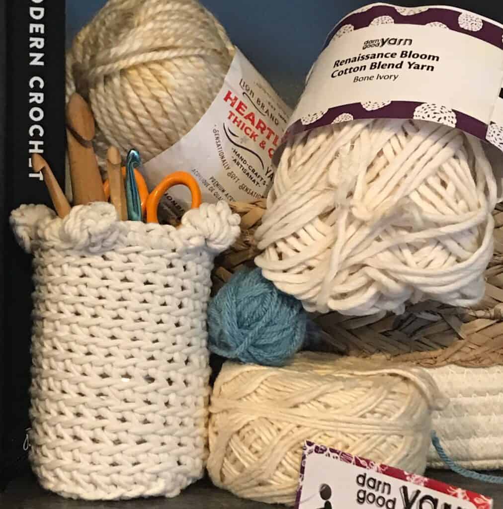 Yarn and crochet tools for knitting and crochet projects.