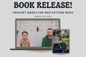 Crochet and knitting book cover featuring two men with crochet projects.
