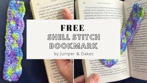 Shell stitch bookmark featuring vibrant purple, green, and blue yarns.