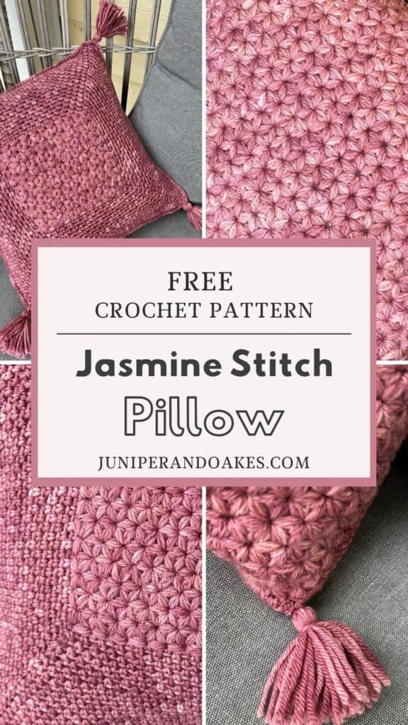 Pink crochet pillow with tassels, detailed stitch pattern, cozy home decor.