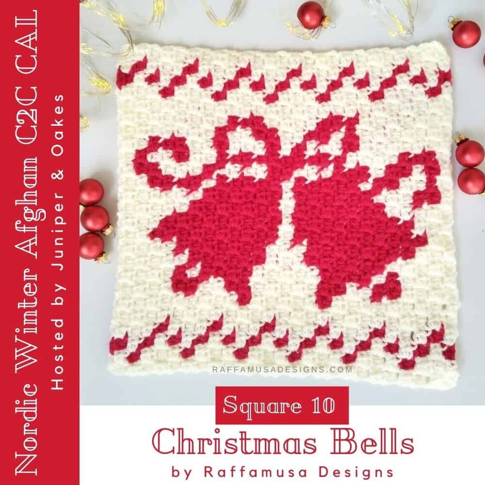 Festive red and white Christmas bells crochet square for winter decor.