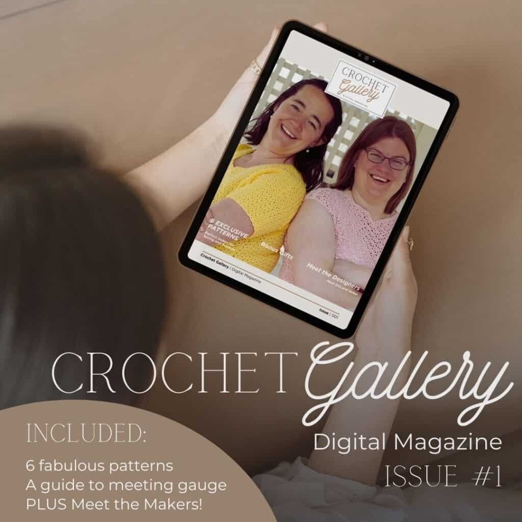 Crochet Gallery digital magazine cover featuring two smiling women holding a tablet.