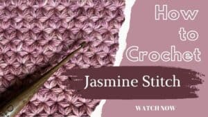 Jasmine Stitch crochet pattern close-up with pink yarn and crochet hook.