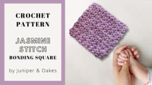 Hand holding a purple Jasmine stitch bonding square crochet piece.