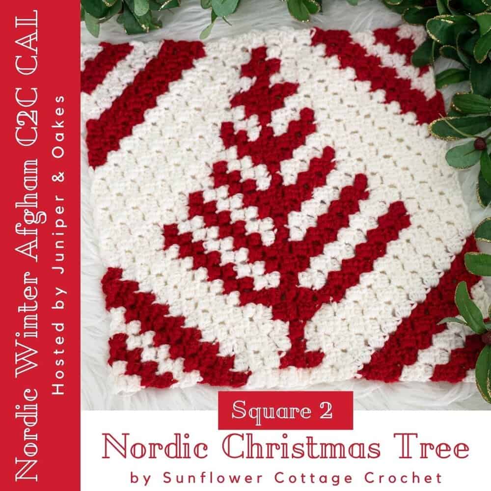 Crochet Nordic Christmas Tree in red and white yarns.