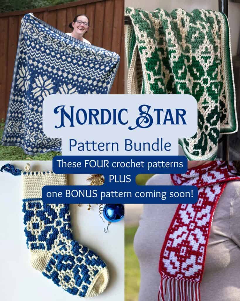 Nordic Star crochet Christmas stocking with intricate snowflake design.
