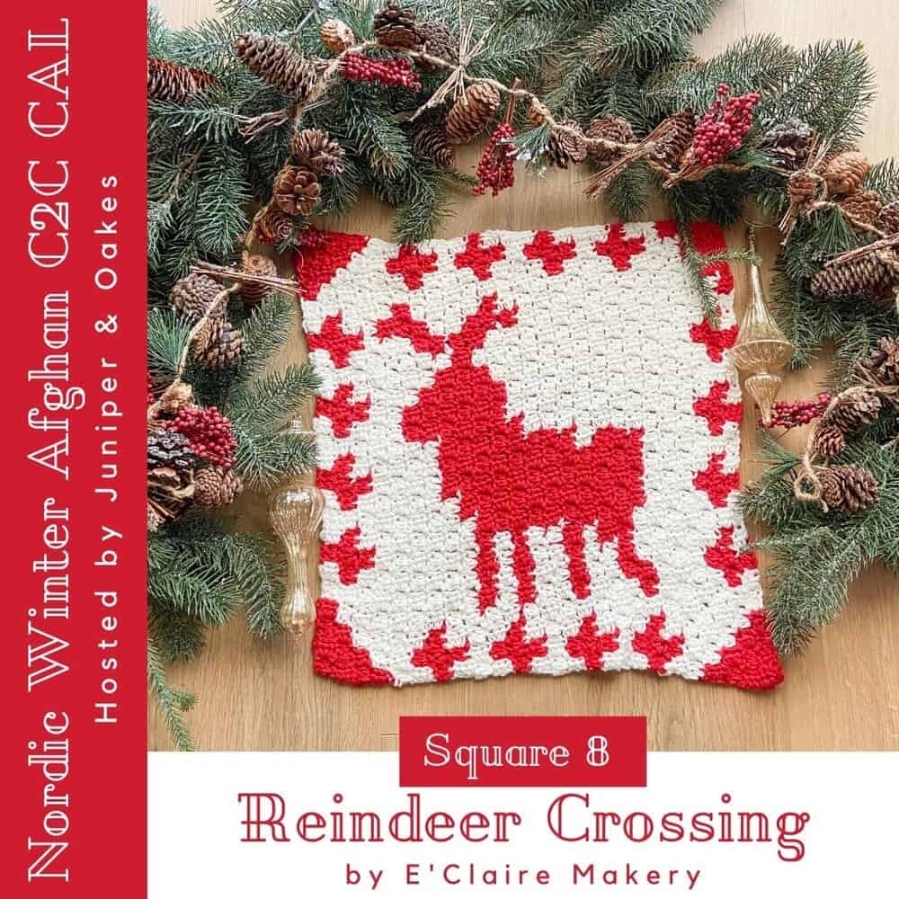 Festive reindeer design on cozy Nordic winter Afghan square, perfect for holiday decor and winter wa.