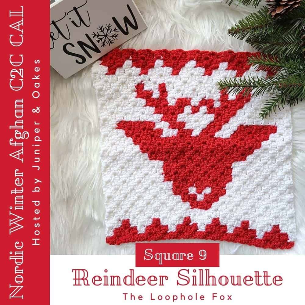 Reindeer silhouette crochet square featuring a red reindeer design on a white background, perfect fo.