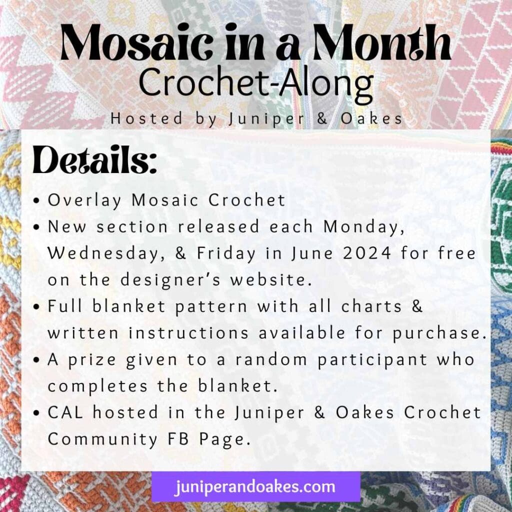 Mosaic crochet blanket for CAL hosted by Juniper & Oakes, featuring geometric design.