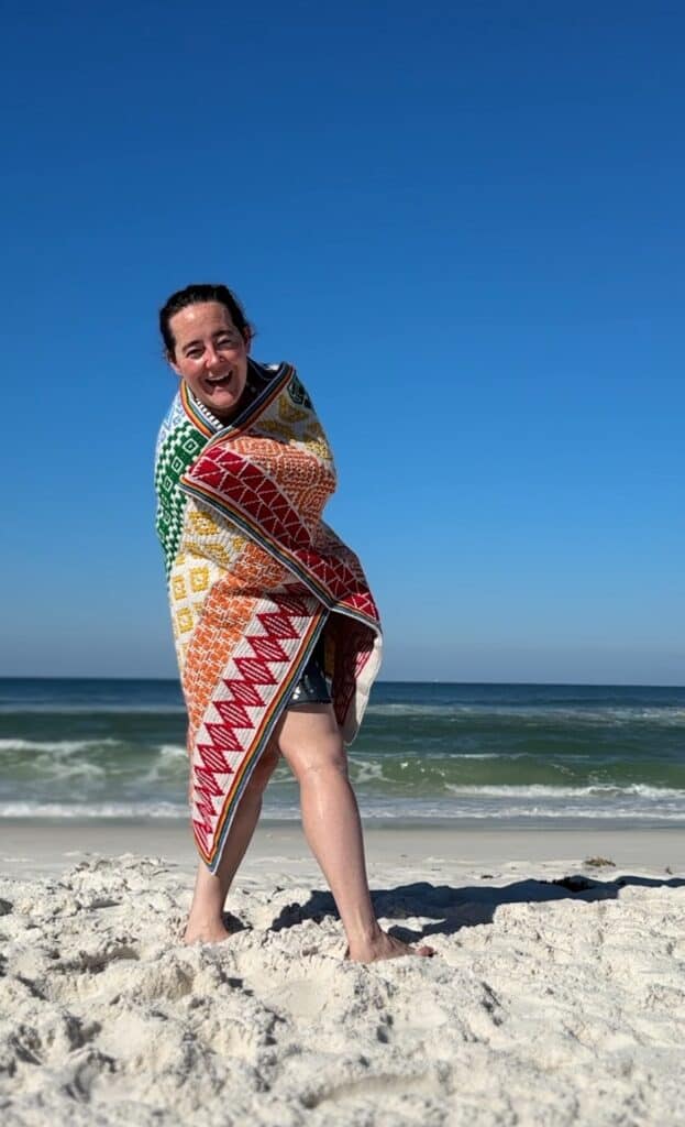 The Geometric Mosaic Crochet Blanket in action at the Beach