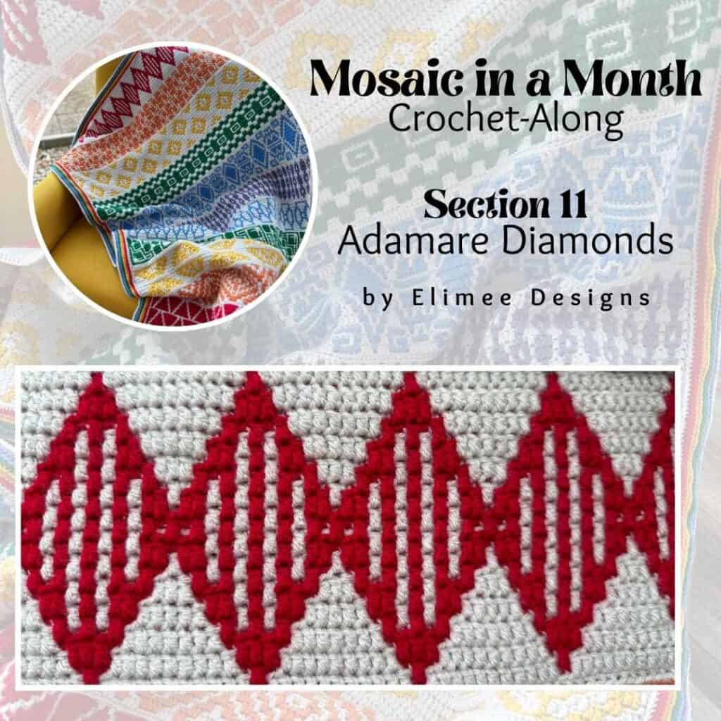 Colorful geometric mosaic crochet blanket draped over a chair, showcasing intricate patterns.
