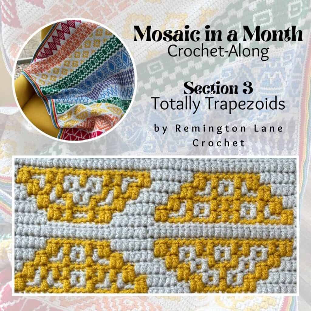 Geometric mosaic crochet blanket with trapezoid motifs in vibrant colors.