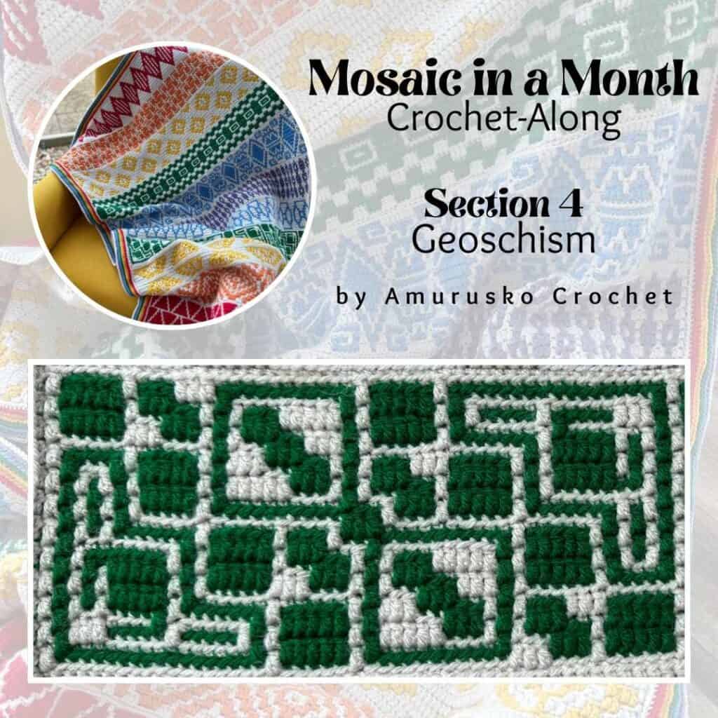 Geometric mosaic crochet blanket for crochet along projects.