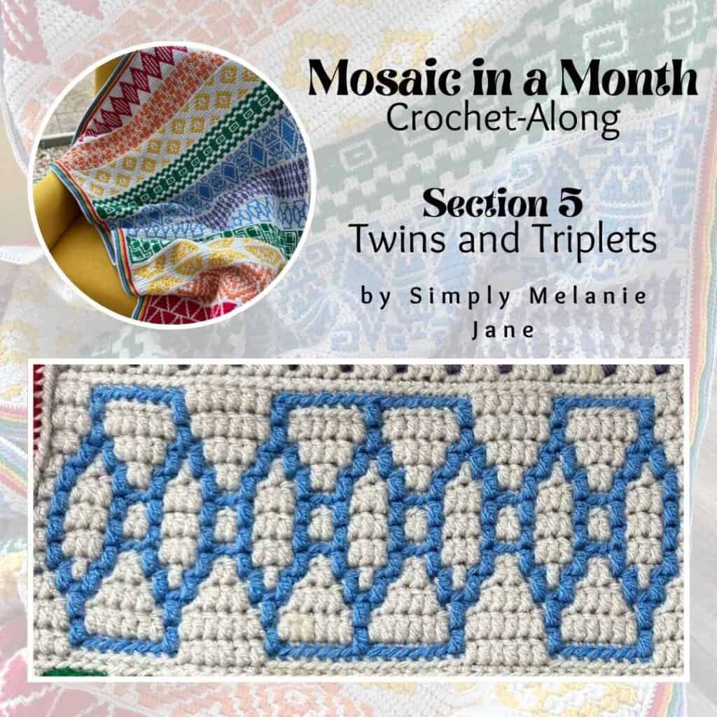 Geometric mosaic crochet blanket featuring twin and triplet patterns in vibrant colors.