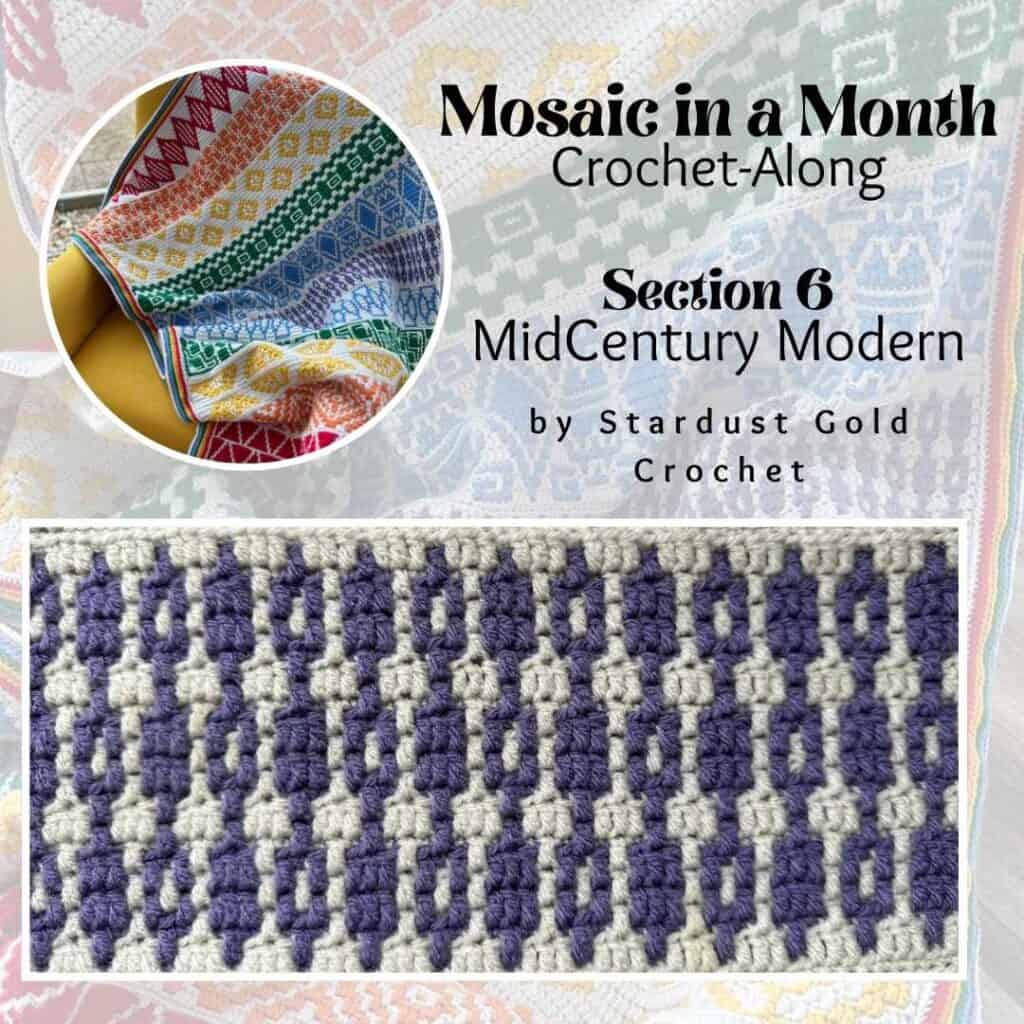 Mosaic in a Month crochet pattern for geometric mosaic blanket, featuring vibrant colors and modern.