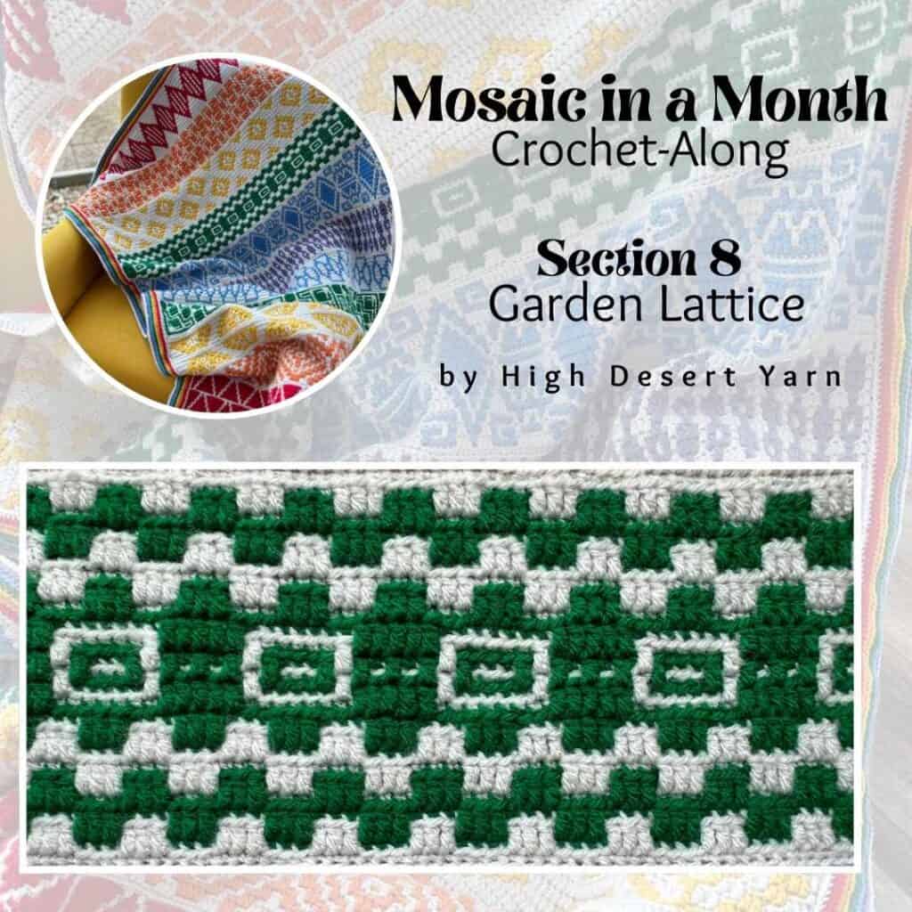 Green and white garden lattice mosaic crochet blanket detail.