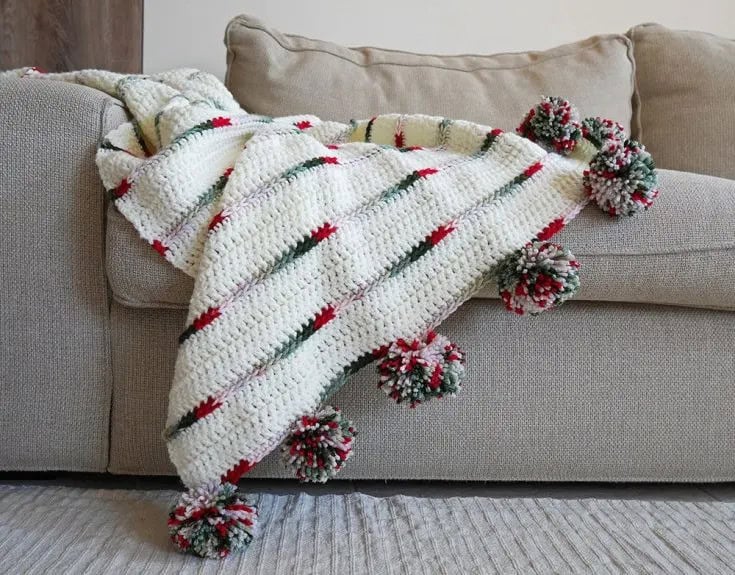 All is White Christmas Crochet Throw with Pom Poms from Malloo Knits